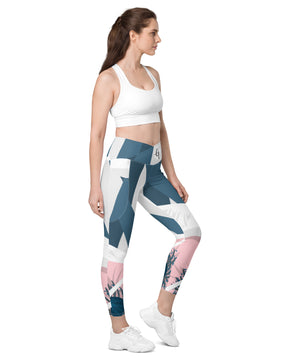 Peach blue pattern Crossover leggings with pockets