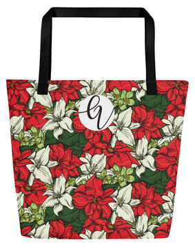 Red color floral All-Over Print Large Tote Bag