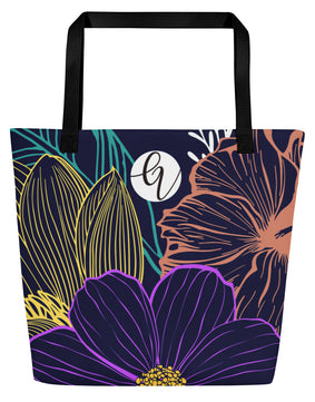 Navy Floral All-Over Print Large Tote Bag