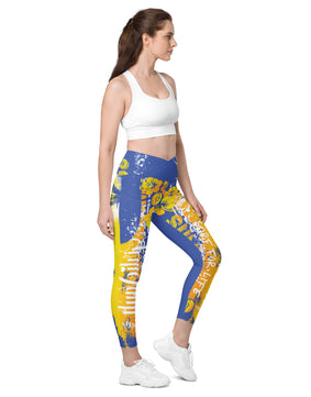 Blue yellow summer sports Crossover leggings with pockets