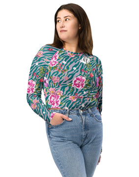 Peach forest floral Recycled long-sleeve crop top