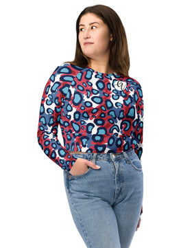 red blue leopard pattern Recycled long-sleeve crop top