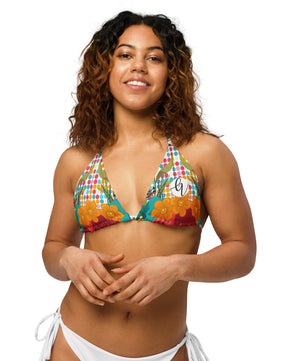 Floral-frame All-over print recycled string bikini top