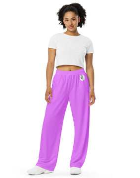 Purple colored All-over print unisex wide-leg pants