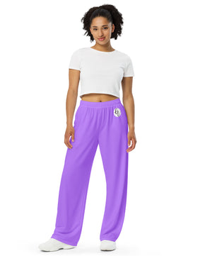 Purple colored All-over print unisex wide-leg pants