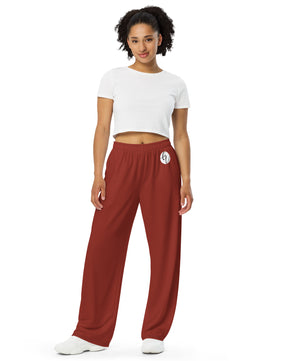 Reddish brown All-over print unisex wide-leg pants