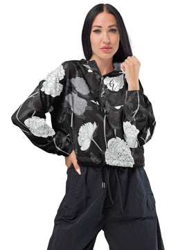 Black viscose flower cropped windbreaker