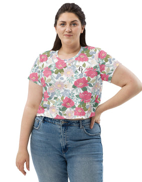 Iguana green peonies floral All-Over Print Crop Tee