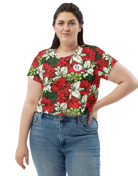 Red color floral All-Over Print Crop Tee