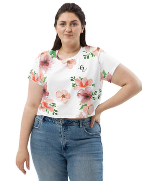 White Flowery Pattern All-Over Print Crop Tee