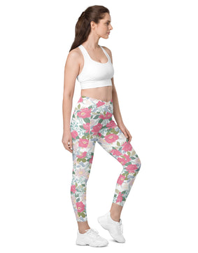 Iguana green peonies floral Crossover leggings with pockets