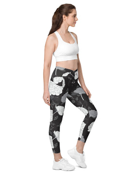 viscose black fabric leaves Crossover leggings with pockets