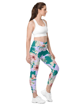 Leaves and floral blossom Crossover leggings with pockets