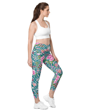 Orchid floral pattern Crossover leggings with pockets