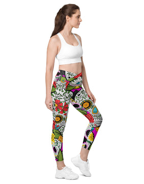 Dead sugar skull Crossover leggings with pockets