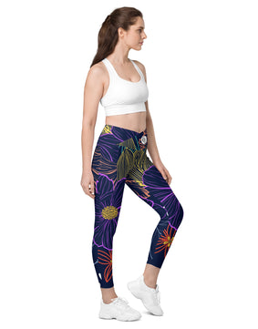 Navy floral Crossover leggings with pockets