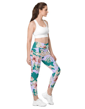 Peach forest floral Crossover leggings with pockets