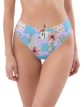 Green peach floral Recycled high-waisted bikini bottom