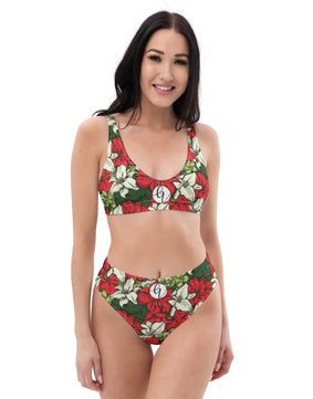 Red flower garden high-waisted bikini