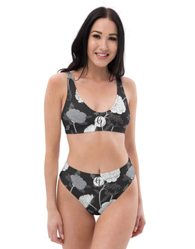 Black viscose floral high-waisted bikini