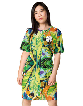 Green leaf floral T-shirt dress