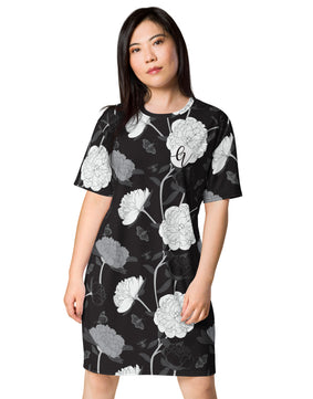 Black viscose flowers T-shirt dress