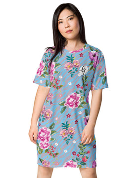 Blue green floral T-shirt dress