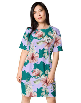 Green peach floral T-shirt dress