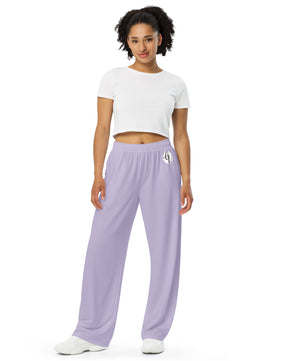 Soft purple colored All-over print unisex wide-leg pants