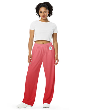 Peach colored All-over print unisex wide-leg pants