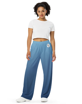 Blue colored All-over print unisex wide-leg pants