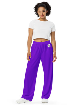 Purple colored All-over print unisex wide-leg pants