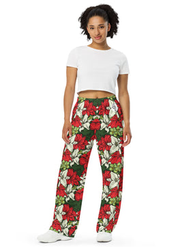 Red color floral All-over print unisex wide-leg pants