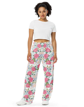 Iguana green peonies floral All-over print unisex wide-leg pants