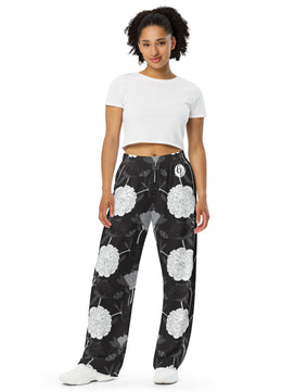 viscose black fabric leaves All-over print unisex wide-leg pants