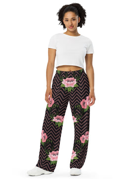 viscose black fabric leaves All-over print unisex wide-leg pants