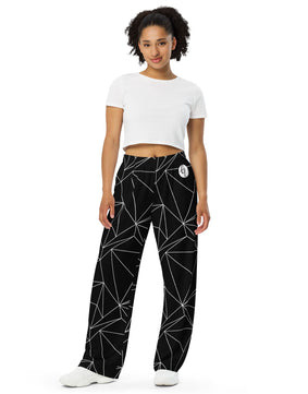 black and white abstract All-over print unisex wide-leg pants