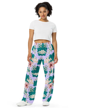 Peach forest floral All-over print unisex wide-leg pants