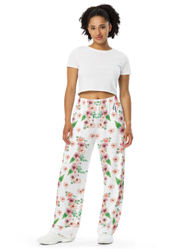 Peach floral All-over print unisex wide-leg pants