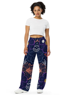 navy floral All-over print unisex wide-leg pants