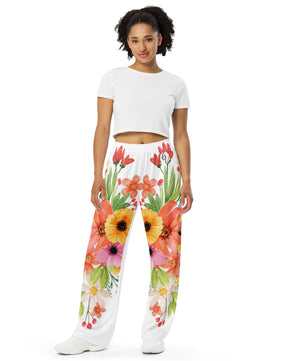 Peach floral All-over print unisex wide-leg pants